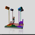 Colorful Playground Installation With Poles Purple Chair And Paint Splatters On Floor