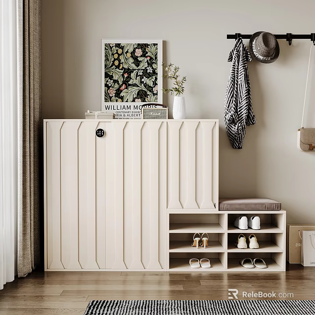 White Shoe Cabinet with Shelves for Shoes Decorative Painting Books Vase Hanging Hat and Scarf 3d model 
