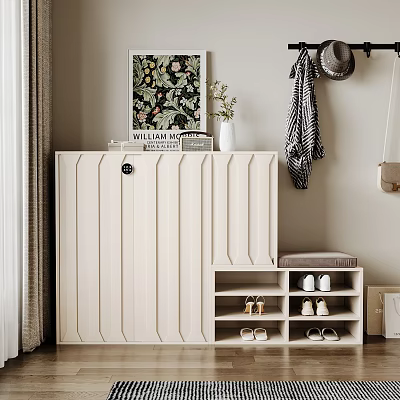 White Shoe Cabinet with Shelves for Shoes Decorative Painting Books Vase Hanging Hat and Scarf 3d model