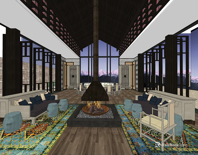 Private Box Interior With Large Windows Fireplace Wooden Ceiling And Comfortable Sofas Carpets 3d model 