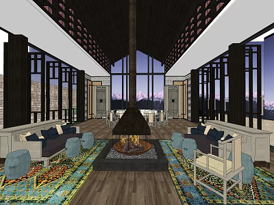 Private Box Interior With Large Windows Fireplace Wooden Ceiling And Comfortable Sofas Carpets 3d model