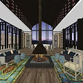 Private Box Interior With Large Windows Fireplace Wooden Ceiling And Comfortable Sofas Carpets