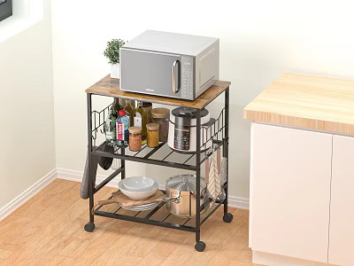 Multi Tiered Kitchen Cart With Microwave Supplies Near Wooden Countertop And Cabinets On Wheels 3d model