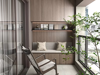 Home Balcony Design With Wooden Cabinets Bench Cushions Shelf Decor Green Plant And City View 3d model