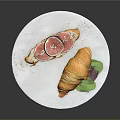 Fresh Fig Toast and Buttery Croissant on White Marble Plate with Green Leaves