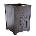 Dark Brown Wooden Garden Planter With Vertical Slats And Ornate Metal Design