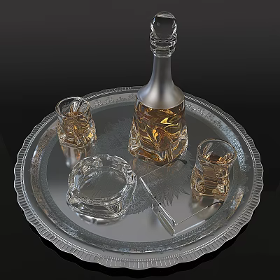 Decorative Plate Arrangement With Silver Tray Wine Bottle Glass Cups Ashtray And Small Tool 3d model