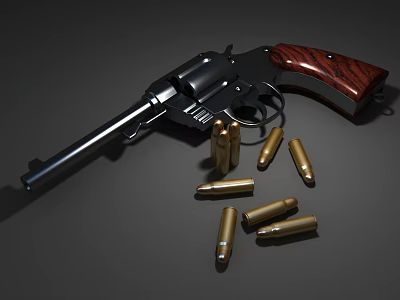 Vintage Revolver With Wooden Grip Shiny Metal Barrel And Scattered Bullets 3d model