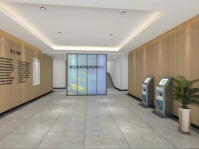 City Government Service Hall Interior With Self Service Kiosks Wooden Walls And Green Plant 3d model