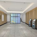 City Government Service Hall Interior With Self Service Kiosks Wooden Walls And Green Plant