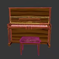 Upright Wooden Piano With Matching Velvet Upholstered Stool And Brown Finish