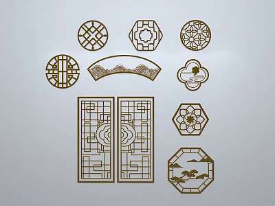 Traditional Chinese Carved Windows With Various Geometric Patterns Landscape Motifs And Flower Styles 3d model