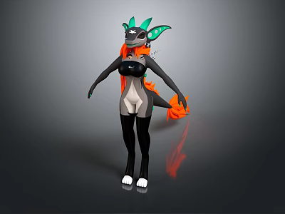 Anthropomorphic Character With Gray Body Green Ears Black Hair Orange Highlights And Flame Tail 3d model