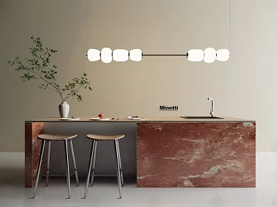 Modern Kitchen Interior With Marble Island Bar Stools And Pendant Light 3d model