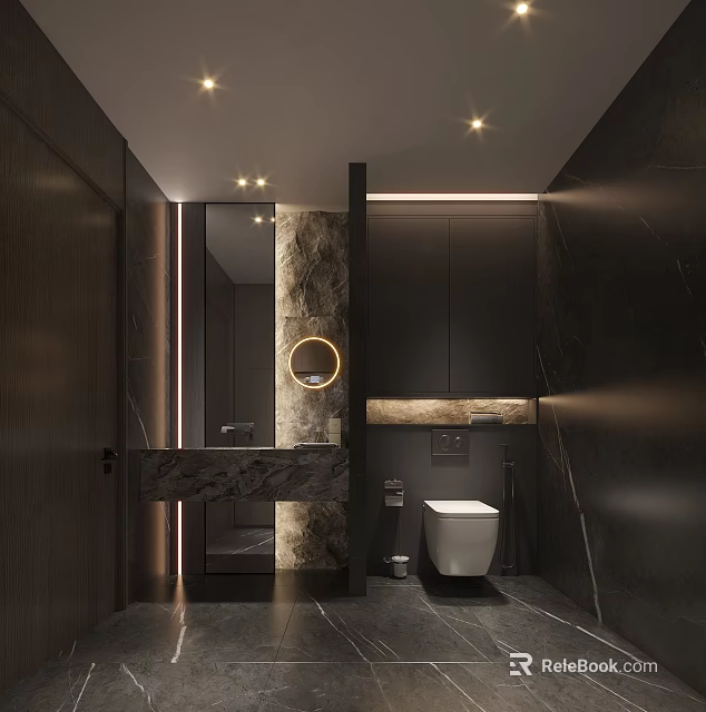 Modern Dark Luxury Bathroom With Marble Finishes And Warm Ambient Lighting Interior Design 3d model 
