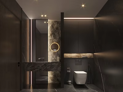 Modern Dark Luxury Bathroom With Marble Finishes And Warm Ambient Lighting Interior Design 3d model