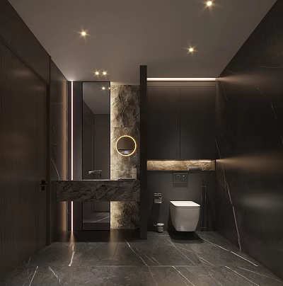Modern Dark Luxury Bathroom With Marble Finishes And Warm Ambient Lighting Interior Design 3d model