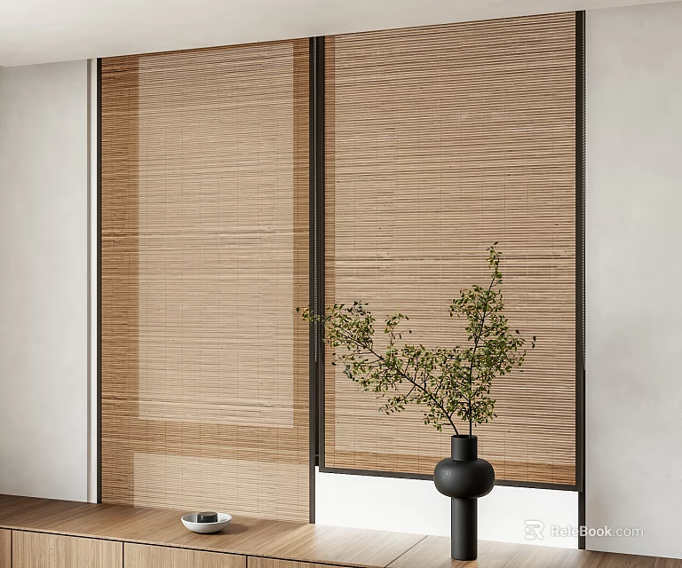 Minimalist Interior With Bamboo Blinds Black Vase And Green Plant On Wooden Table 3d model 
