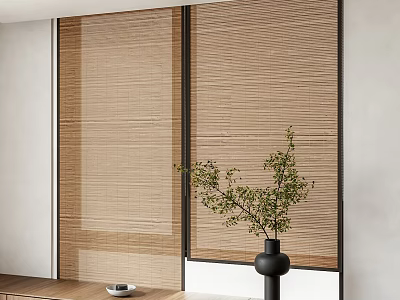 Minimalist Interior With Bamboo Blinds Black Vase And Green Plant On Wooden Table 3d model