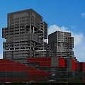 Modern Glass Office Building With Unique Stacked Structure Red Base And Waterfront Greenery