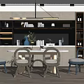 Modern Restaurant Interior With Round Dining Table Woven Chairs And Storage Cabinets 3d model