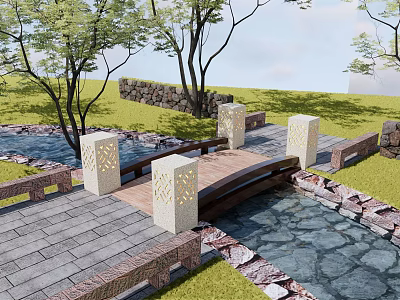 Landscape Bridge with Wooden Deck Stone Pillar Lamps Stream Grass and Trees 3d model