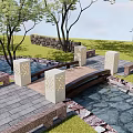 Landscape Bridge with Wooden Deck Stone Pillar Lamps Stream Grass and Trees