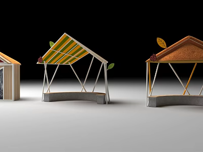 Three Decorative Outdoor Pavilions With Striped Brown Roof Designs And Leaf Decorations 3d model