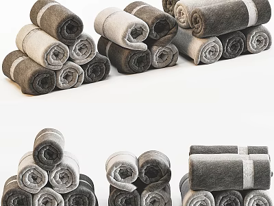 Gray And White Rolled Soft Cotton Bath Towels Stacked For Home Bathroom 3d model