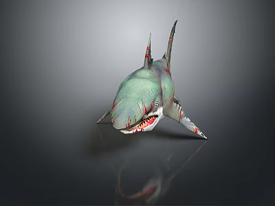 Mutant Shark 3D Model With Green Body Red Teeth And Claws On Gray Background 3d model
