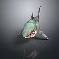 Mutant Shark 3D Model With Green Body Red Teeth And Claws On Gray Background