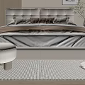 Modern Double Bed With Tufted Upholstered Headboard Brown Comforter Gray Sheets Bedside Stool And Area Rug 3d model