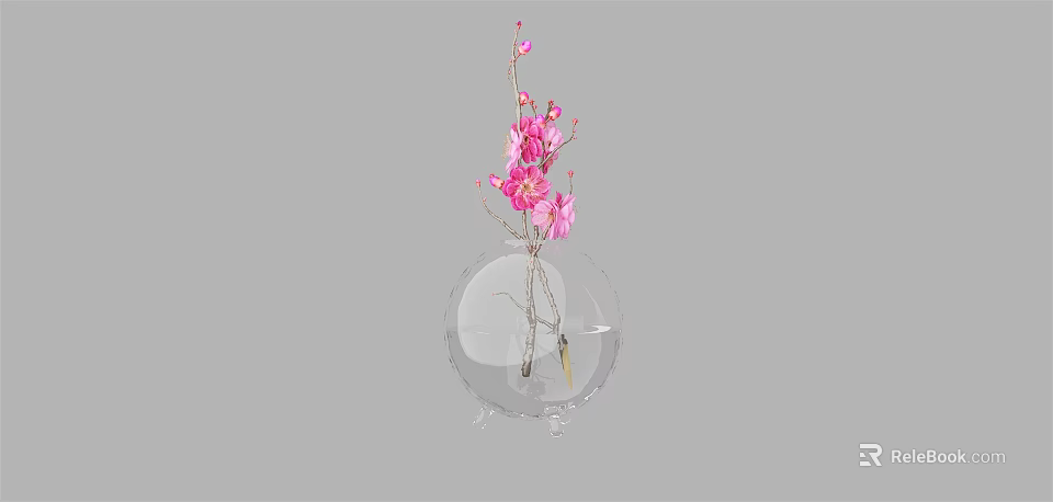 Decorative Transparent Spherical Vase With Pink Flowers Branches And Clear Base For Home Decor 3d model 