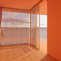 Modern Courtyard Garden Landscape With Orange Building Transparent Screen And Water Pool