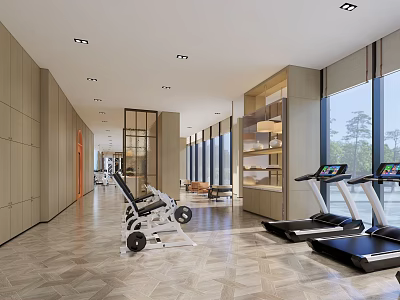 Modern Fitness Gym Interior With Treadmills Exercise Equipment Large Windows And Herringbone Flooring 3d model