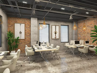 Modern Public Office Space With Exposed Brick Walls Pendant Lights Desks With Computers White Chairs And Green Plants 3d model