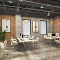 Modern Public Office Space With Exposed Brick Walls Pendant Lights Desks With Computers White Chairs And Green Plants