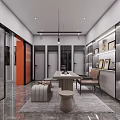 Elegant Modern Door Showroom Interior With Glass Displays Marble Floors And Lighting Fixtures