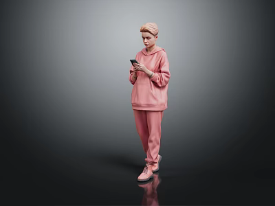 Woman In Pink Hoodie And Pants Holding Phone Against Gray Background With Black Floor Reflection 3d model