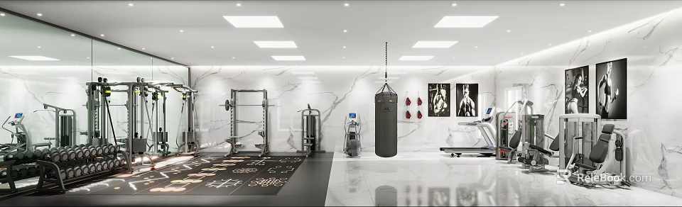 Modern Fitness Gym Interior With Marble Walls Punching Bag Barbell Rack And Treadmill 3d model 