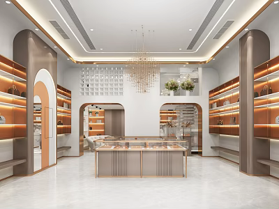 Elegant Modern Specialty Store Interior With Glass Display Cases And Hanging Chandeliers 3d model