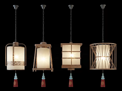 Classical Chinese Style Pendant Lights with Wooden Frame Grid Design and Red Tassels White Lampshades 3d model