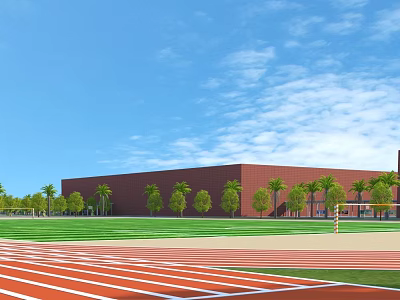 School Building With Red Brick Green Lawn Palm Trees Red Running Track And White Lines 3d model
