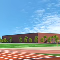 School Building With Red Brick Green Lawn Palm Trees Red Running Track And White Lines
