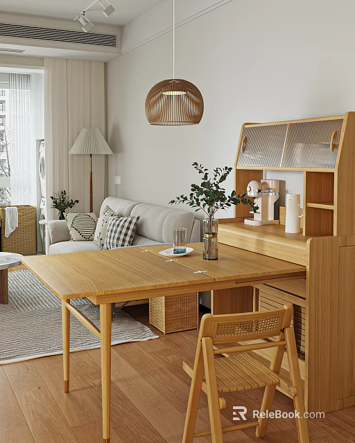 Natural Wooden Dining Table Set in Living Room with Sofa Pendant Light and Green Plants 3d model 