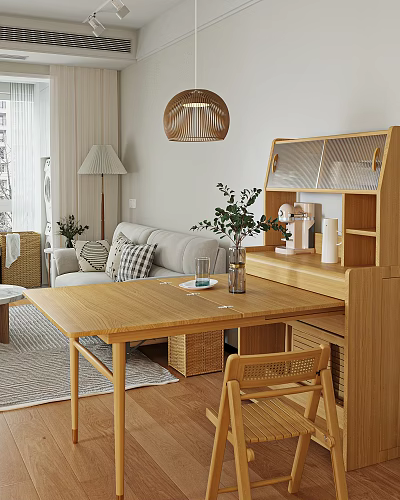Natural Wooden Dining Table Set in Living Room with Sofa Pendant Light and Green Plants 3d model