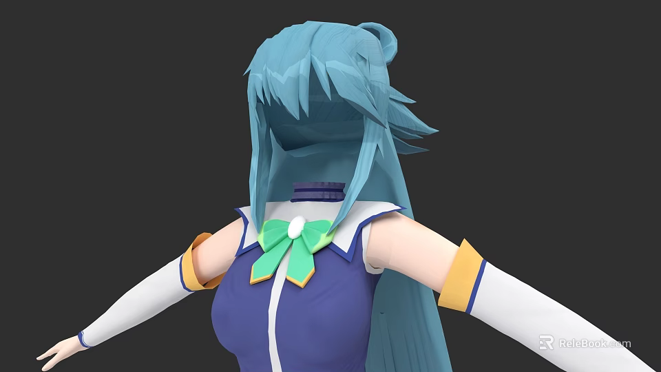 Anime Style Game Character With Long Blue Hair Purple Dress Green Bow And Arm Bands 3d model 