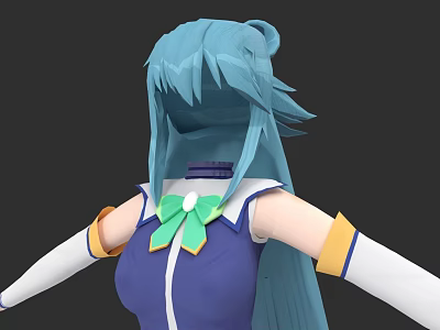 Anime Style Game Character With Long Blue Hair Purple Dress Green Bow And Arm Bands 3d model