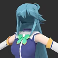 Anime Style Game Character With Long Blue Hair Purple Dress Green Bow And Arm Bands
