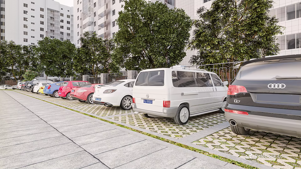 Outdoor Parking Lot With Various Cars High Rise Buildings Trees And Paved Ground 3d model 